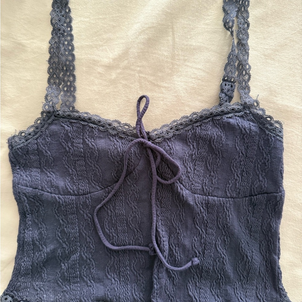 Edikted Lace-Trim Ribbed Tank Top in Slate Blue
